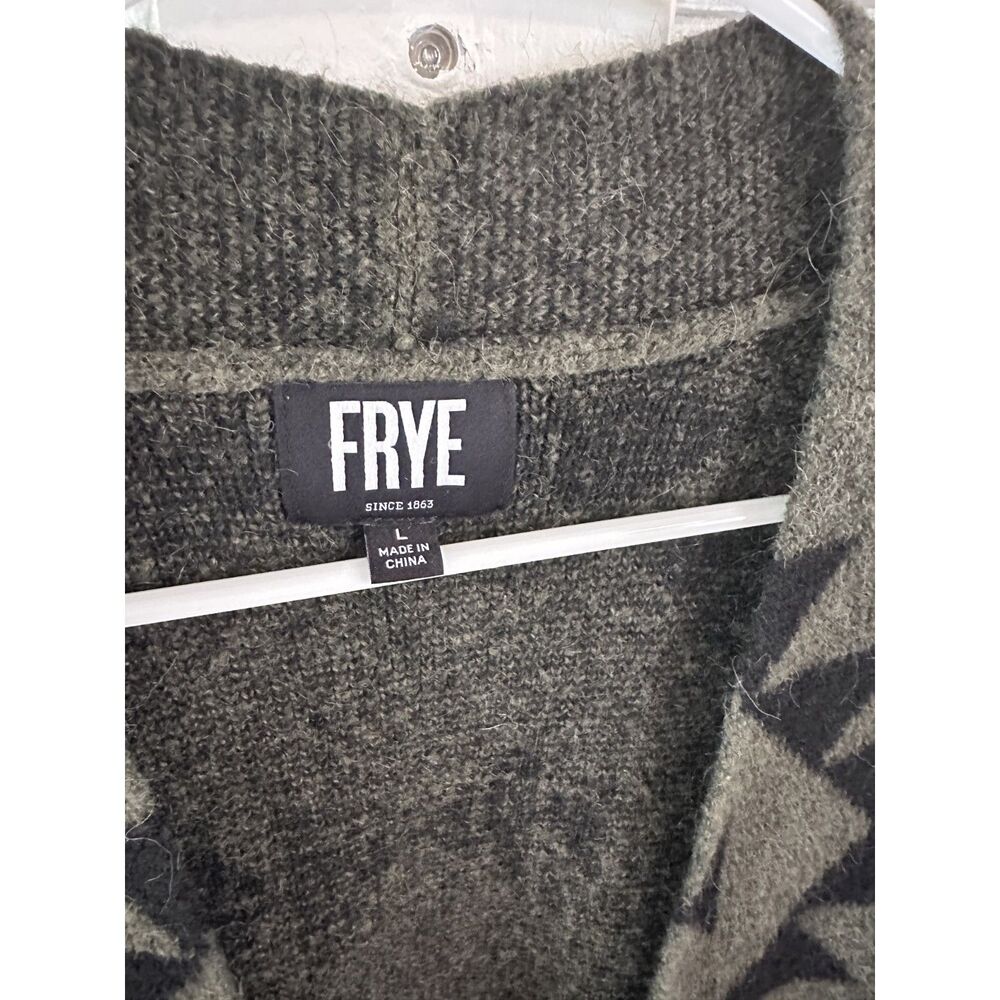 FRYE Long Cardigan Sweater Size L Olive Black Southwestern Aztec Western Duster